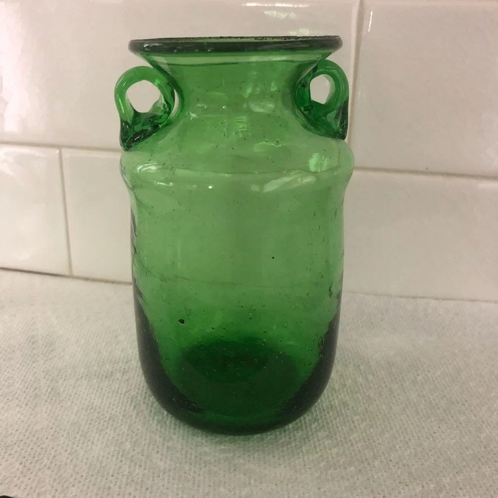 Hand Blown Green Two Handle Glass Vase - Made in Egypt